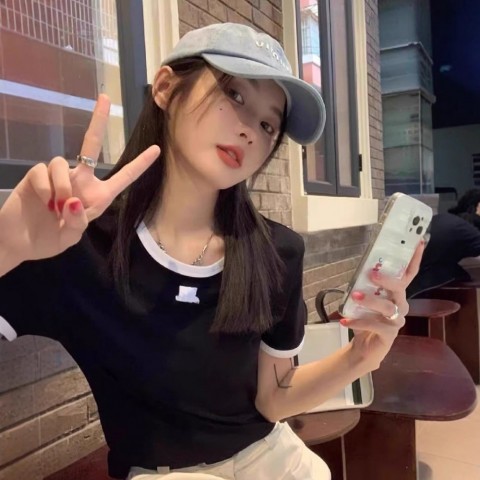 Elegant Women's Short Sleeve T-Shirt with Designer Embroidery and Color Blocking