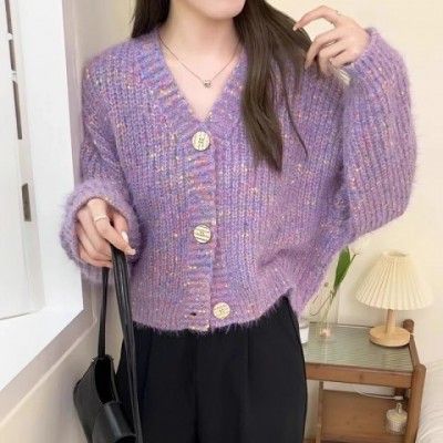 Chubby Women's Soft Acetate V-Neck Cardigan - Lilac Casual Winter Jacket