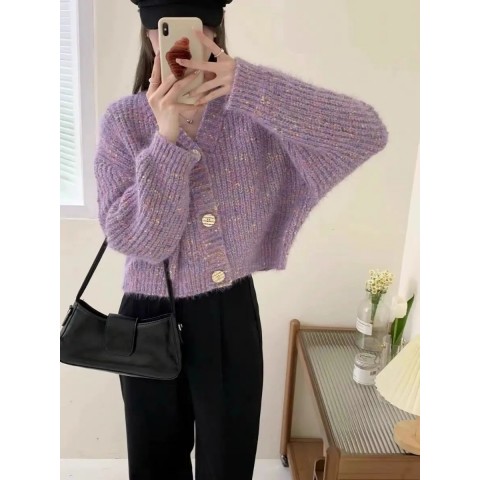 Chubby Women's Soft Acetate V-Neck Cardigan - Lilac Casual Winter Jacket
