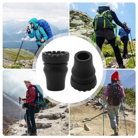 2PC Rubber Tips for Hiking Poles and Walking Sticks - Solid Wood T-Handle