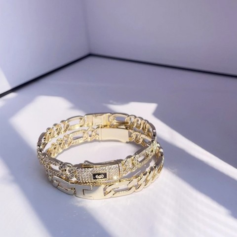 Cubic Zirconia1 Geometry Bangle with Copper Inlay and 14k Gold Plating