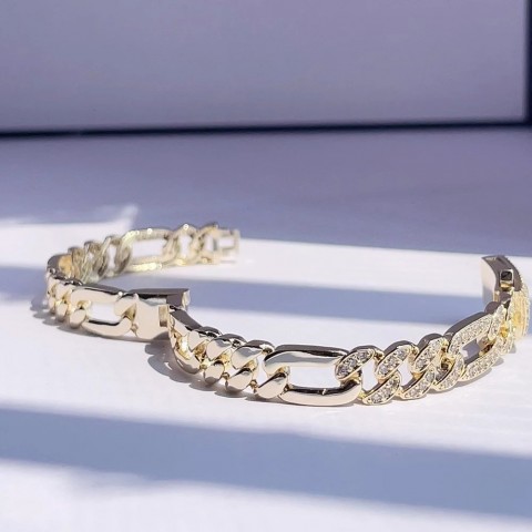 Cubic Zirconia1 Geometry Bangle with Copper Inlay and 14k Gold Plating