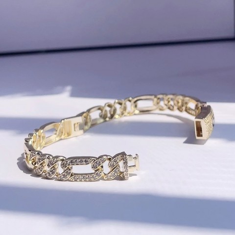 Cubic Zirconia1 Geometry Bangle with Copper Inlay and 14k Gold Plating
