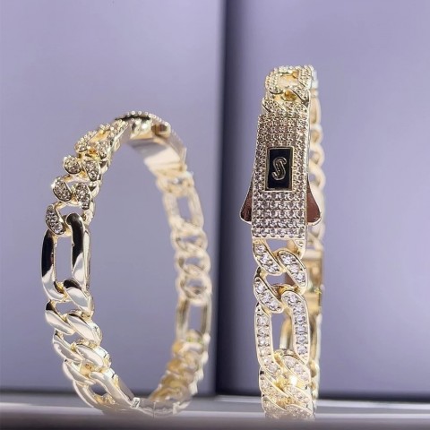 Cubic Zirconia1 Geometry Bangle with Copper Inlay and 14k Gold Plating