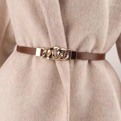 Women's Narrow Genuine Leather Belts with Golden Animal Buckle for Summer
