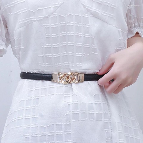 Women's Narrow Genuine Leather Belts with Golden Animal Buckle for Summer
