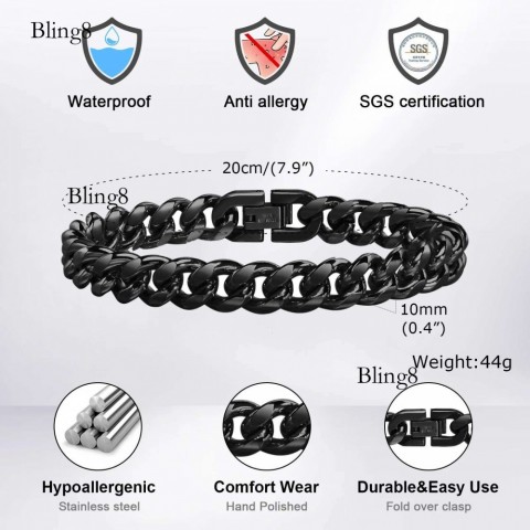 Vnox Men's 14K Gold Plated Bold Cuban Chain Bracelet, Black Turquoise Stone, Classic Link Design