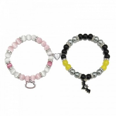 Crystal Hello Cat Beaded Heart Bracelet Set for Women - Matching Couple Gift