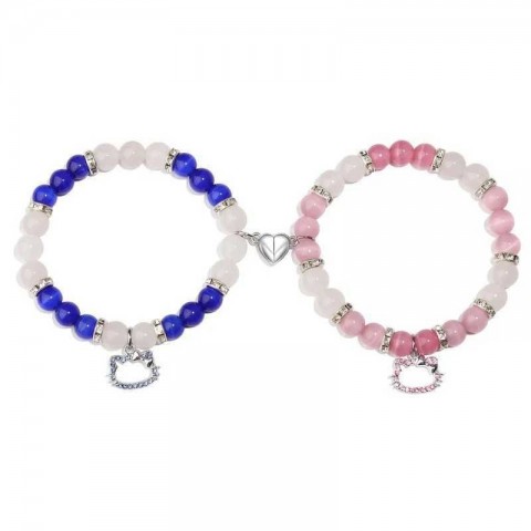 Crystal Hello Cat Beaded Heart Bracelet Set for Women - Matching Couple Gift