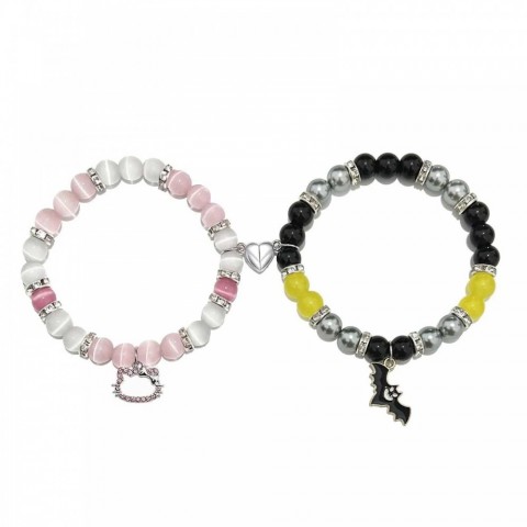 Crystal Hello Cat Beaded Heart Bracelet Set for Women - Matching Couple Gift