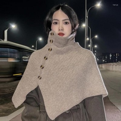 Luxury Pure Wool Women's High-Neck Shawl Cape with Buckle for Winter Warmth