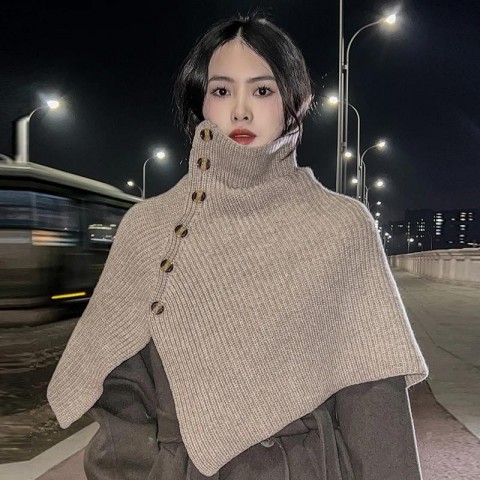 Luxury Pure Wool Women's High-Neck Shawl Cape with Buckle for Winter Warmth