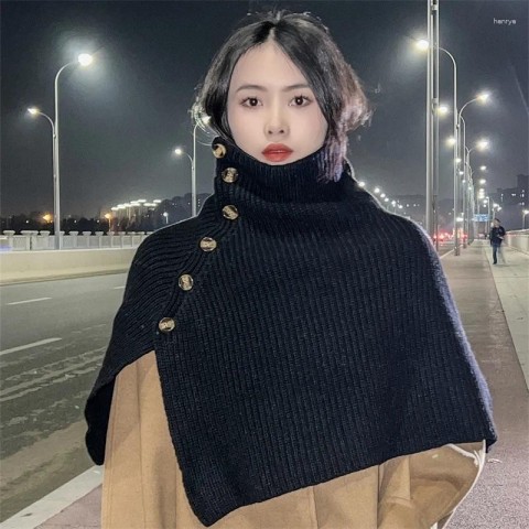 Luxury Pure Wool Women's High-Neck Shawl Cape with Buckle for Winter Warmth