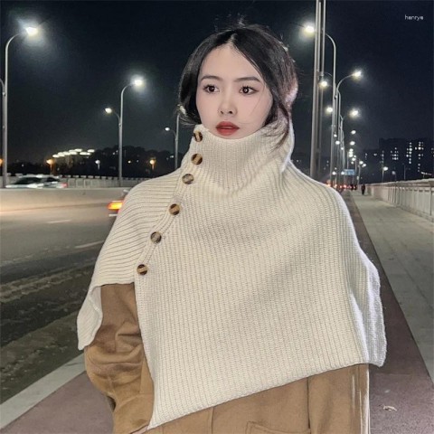 Luxury Pure Wool Women's High-Neck Shawl Cape with Buckle for Winter Warmth