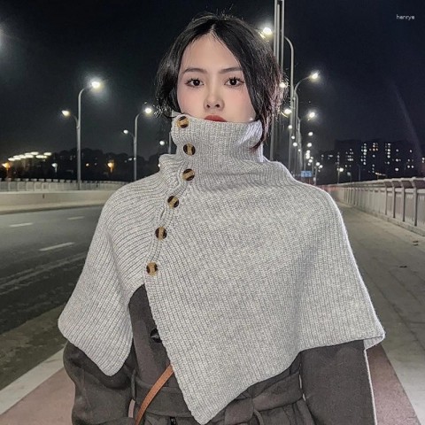 Luxury Pure Wool Women's High-Neck Shawl Cape with Buckle for Winter Warmth