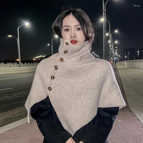 Luxury Pure Wool Women's High-Neck Shawl Cape with Buckle for Winter Warmth