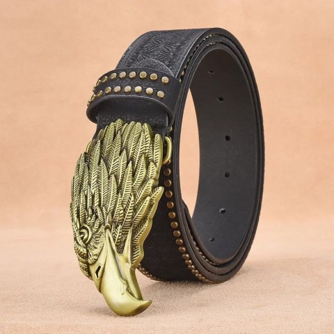 Fashionable Golden Buckle Men's Leather Belt with Eagle Head Design