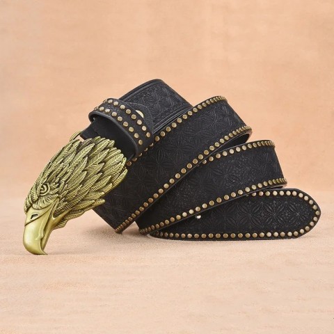 Fashionable Golden Buckle Men's Leather Belt with Eagle Head Design