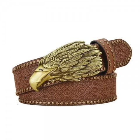 Fashionable Golden Buckle Men's Leather Belt with Eagle Head Design