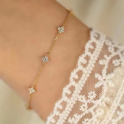 Dainty 14k Gold Plated Sterling Silver Four Leaf Clover Charm Bracelet for Women