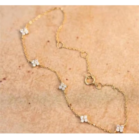Dainty 14k Gold Plated Sterling Silver Four Leaf Clover Charm Bracelet for Women
