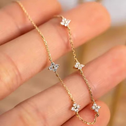 Dainty 14k Gold Plated Sterling Silver Four Leaf Clover Charm Bracelet for Women