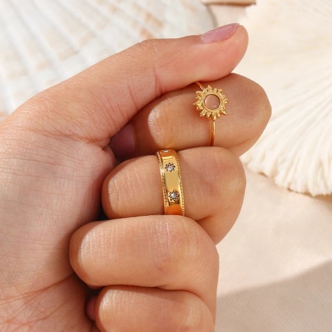 Stainless Steel Fashion Wedding Ring Set for Women, 18K Gold Plated, Waterproof, Clear Crystal Zircon, Star Design 231101