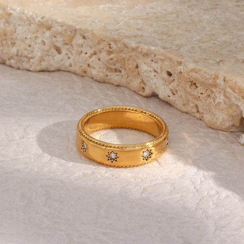 Stainless Steel Fashion Wedding Ring Set for Women, 18K Gold Plated, Waterproof, Clear Crystal Zircon, Star Design 231101