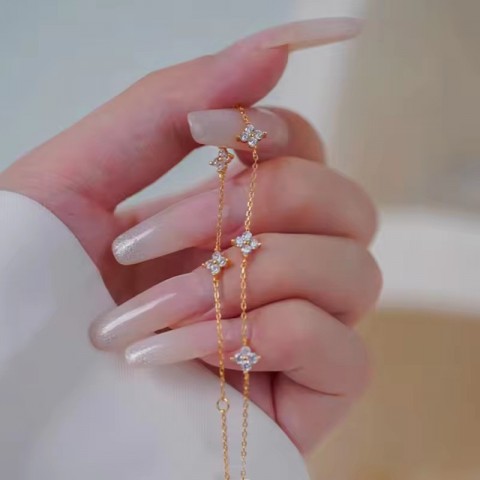 Dainty 14k Gold Plated Sterling Silver Four Leaf Clover Charm Bracelet for Women