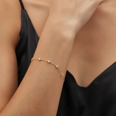 Dainty 14k Gold Plated Sterling Silver Four Leaf Clover Charm Bracelet for Women