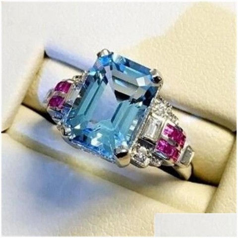 Luxury Women's 925 Sterling Silver Aquamarine CZ Engagement Ring, Size 610