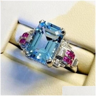 Luxury Women's 925 Sterling Silver Aquamarine CZ Engagement Ring, Size 610