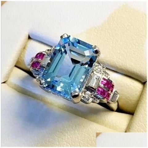 Luxury Women's 925 Sterling Silver Aquamarine CZ Engagement Ring, Size 610