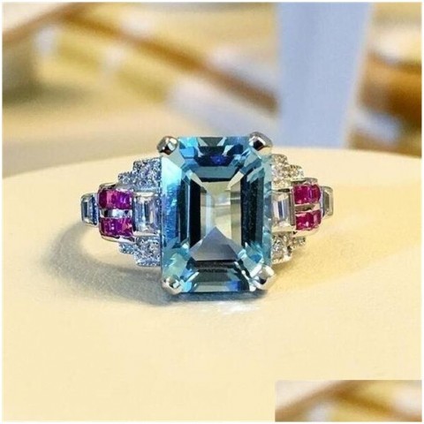 Luxury Women's 925 Sterling Silver Aquamarine CZ Engagement Ring, Size 610