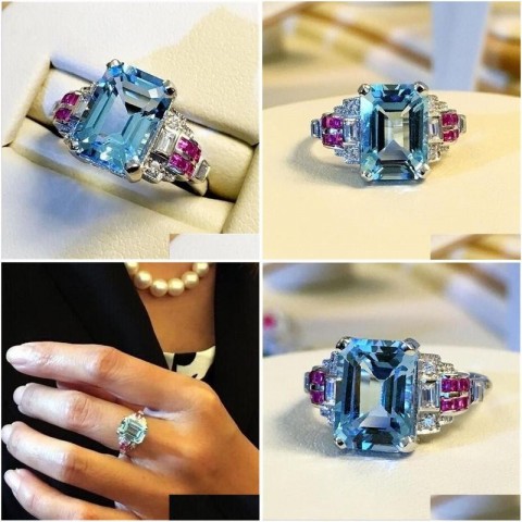 Luxury Women's 925 Sterling Silver Aquamarine CZ Engagement Ring, Size 610
