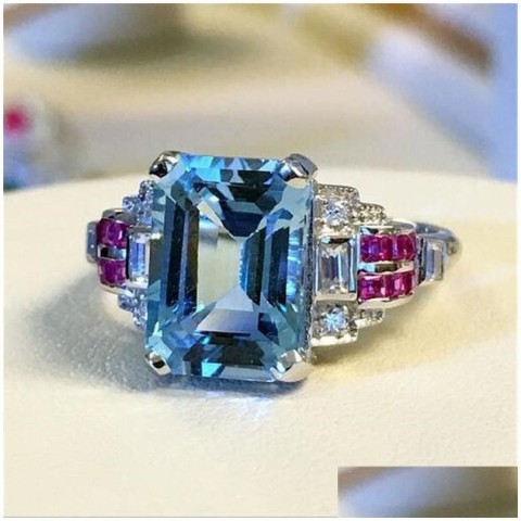 Luxury Women's 925 Sterling Silver Aquamarine CZ Engagement Ring, Size 610