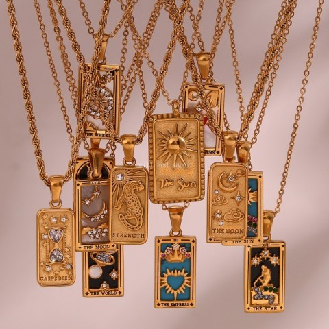 Non-Tarnish Stainless Steel 18K Gold Plated Pendant Necklace with Tarot Card Charm by 185CJ25 for Women