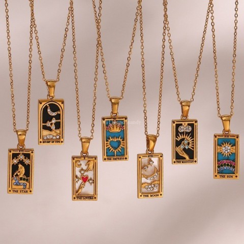 Non-Tarnish Stainless Steel 18K Gold Plated Pendant Necklace with Tarot Card Charm by 185CJ25 for Women