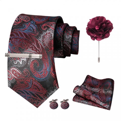 Wine Red Paisley Bow Tie Set for Men - Luxury Bamboo Fiber Accessories