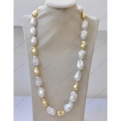 Z13124 Women's 24mm White Baroque Keshi Pearl Gold Plated Necklace Bracelet Earrings Set