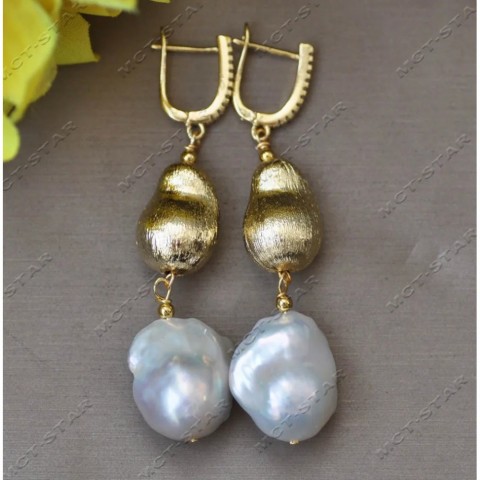 Z13124 Women's 24mm White Baroque Keshi Pearl Gold Plated Necklace Bracelet Earrings Set