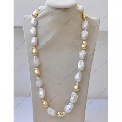 Z13124 Women's 24mm White Baroque Keshi Pearl Gold Plated Necklace Bracelet Earrings Set