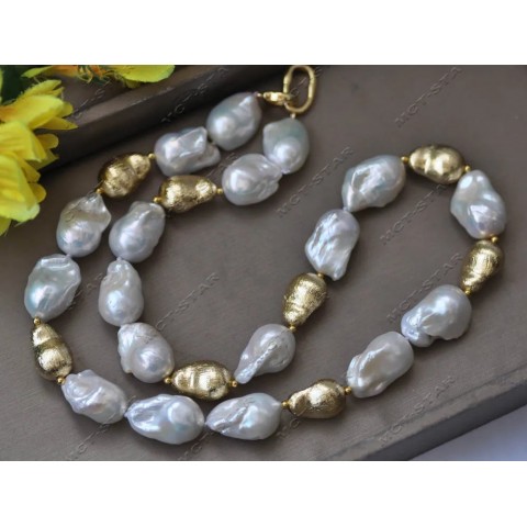Z13124 Women's 24mm White Baroque Keshi Pearl Gold Plated Necklace Bracelet Earrings Set