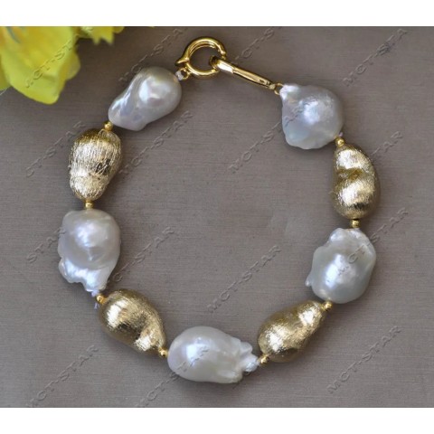 Z13124 Women's 24mm White Baroque Keshi Pearl Gold Plated Necklace Bracelet Earrings Set