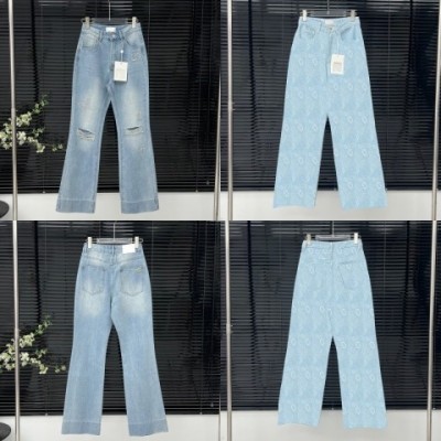 Luxury Women's Denim Pants with Ripped Design, High Rise Casual Jeans
