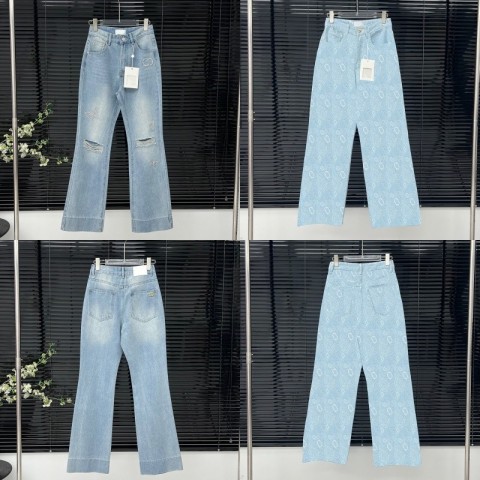Luxury Women's Denim Pants with Ripped Design, High Rise Casual Jeans