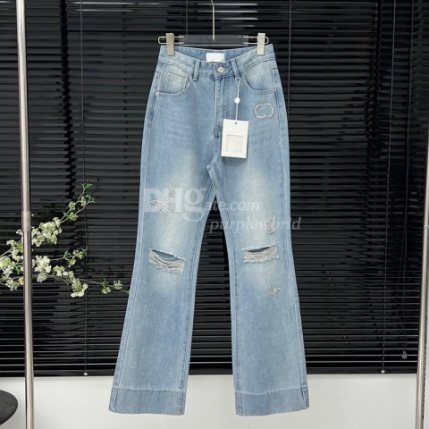 Luxury Women's Denim Pants with Ripped Design, High Rise Casual Jeans