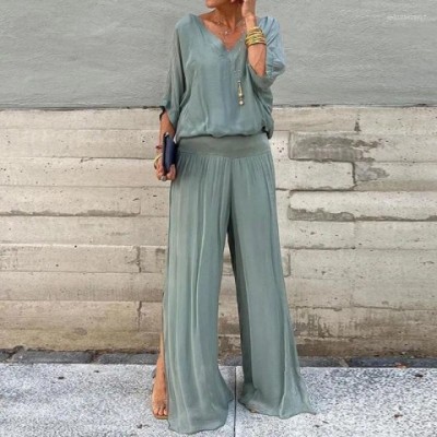 Women's Comfortable Two Piece Chiffon Set with V-Neck Blouse and Loose Pants
