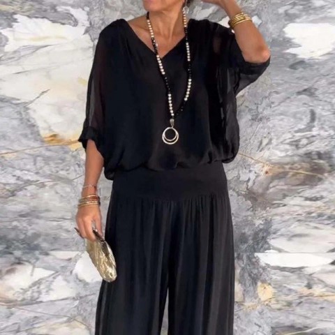 Women's Comfortable Two Piece Chiffon Set with V-Neck Blouse and Loose Pants