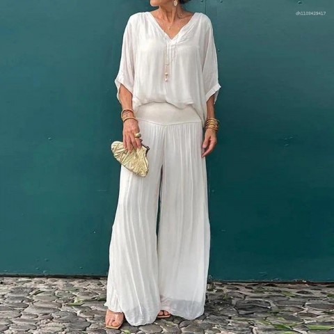 Women's Comfortable Two Piece Chiffon Set with V-Neck Blouse and Loose Pants